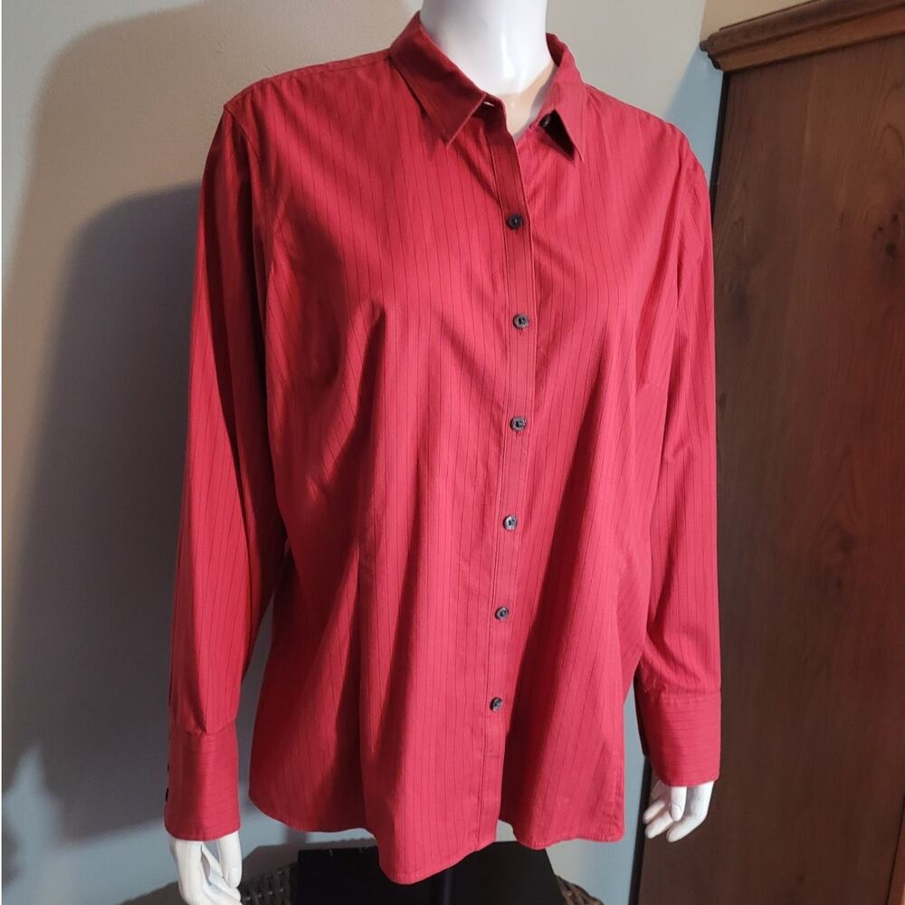 EDDIE BAUER Red Pinstripe Button Down Shirt XXL Stretch Wrinkle Resistant Career